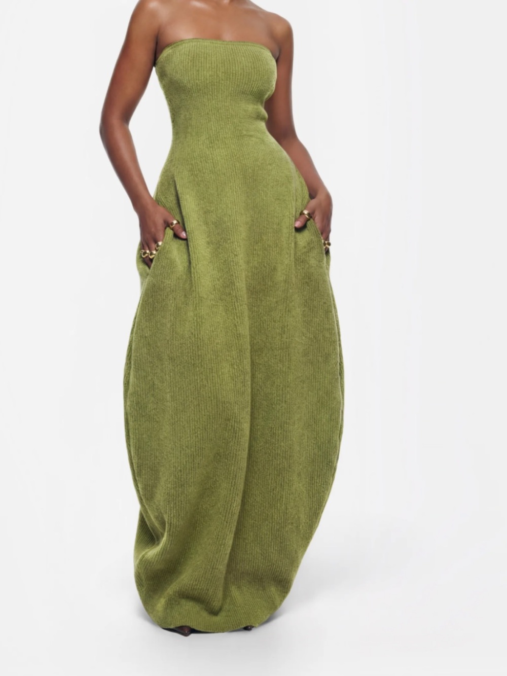 Hanifa Olive Green Knit Strapless Maxi Dress
